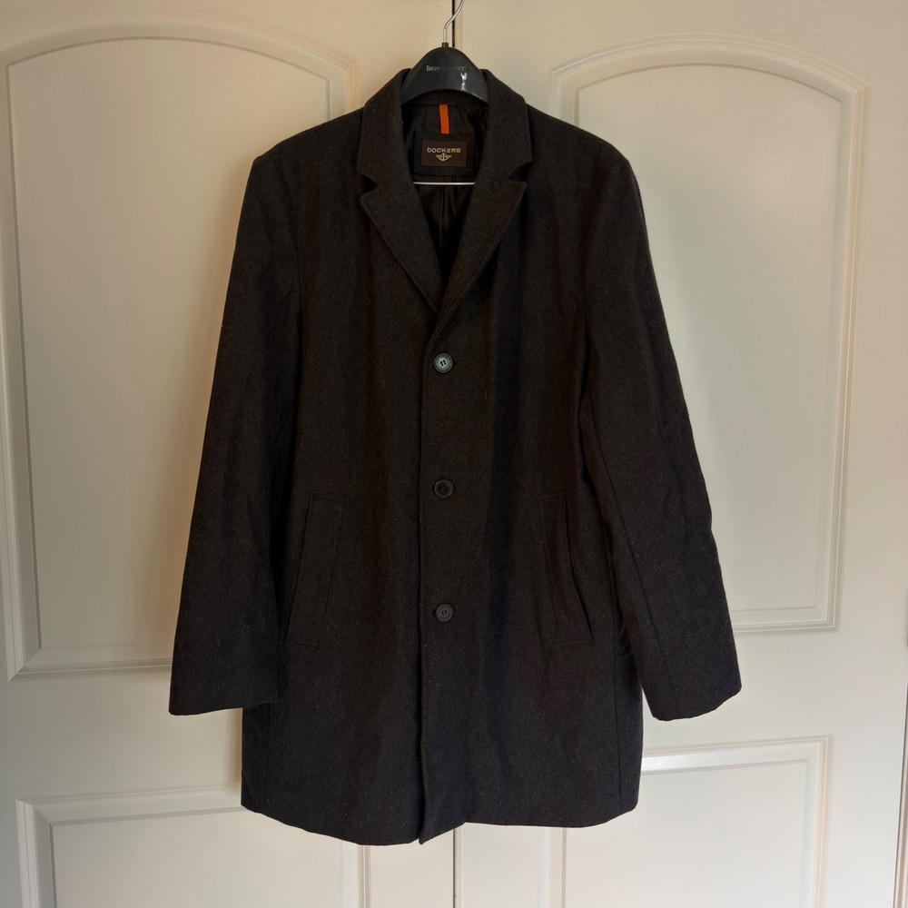 Dockers Mens Charcoal Grey Wool Blend 3 Button Overcoat Car Coat XL RN54163